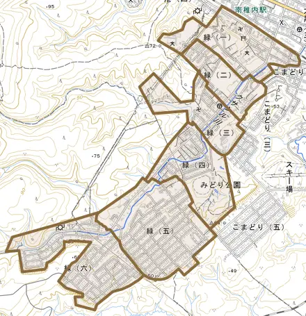 緑とその周辺の地図。町の範囲を重ねている