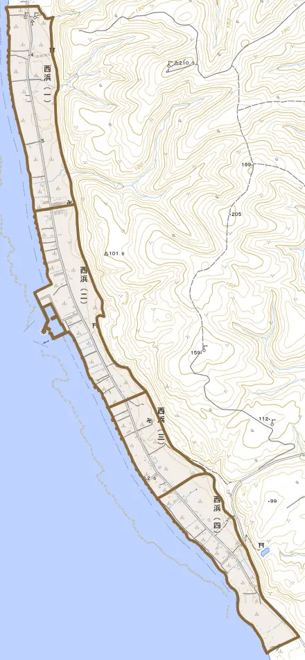 西浜とその周辺の地図。町の範囲を重ねている