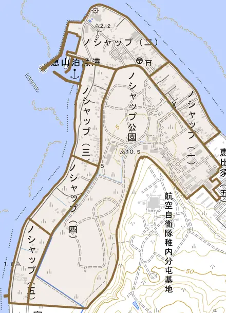 ノシャップとその周辺の地図。町の範囲を重ねている