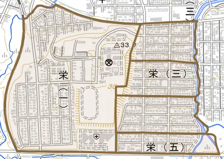 栄とその周辺の地図。町の範囲を重ねている