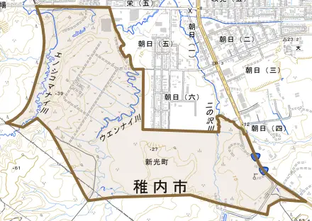 新光町とその周辺の地図。町の範囲を重ねている
