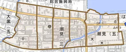 潮見とその周辺の地図。町の範囲を重ねている