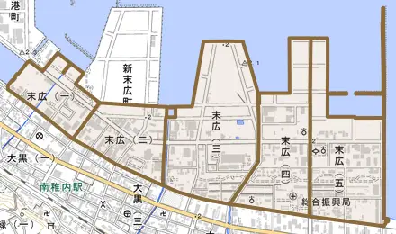 末広とその周辺の地図。町の範囲を重ねている