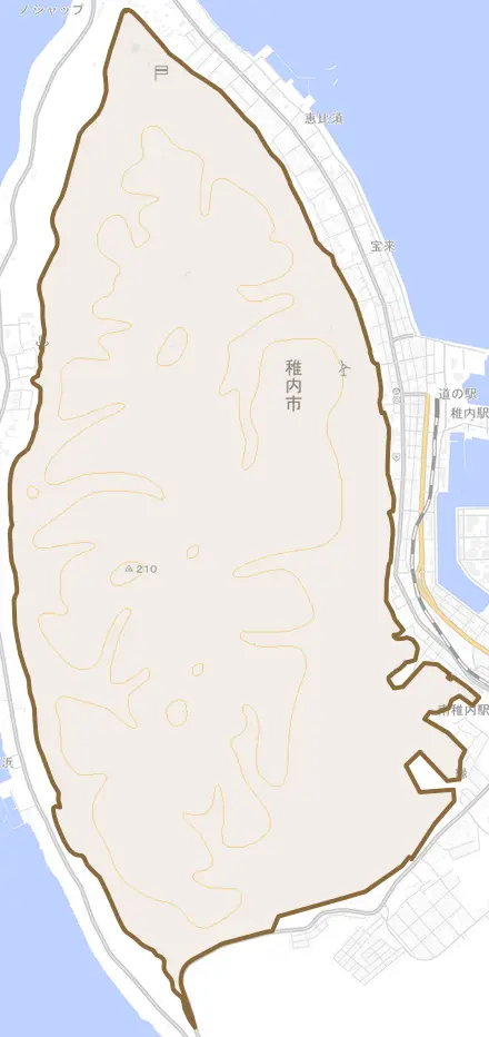 大字稚内村とその周辺の地図。町の範囲を重ねている
