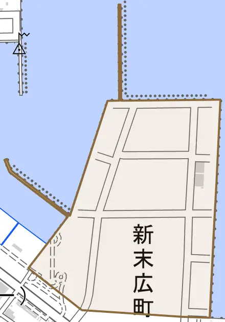 新末広町とその周辺の地図。町の範囲を重ねている
