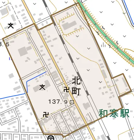 字北町とその周辺の地図。町の範囲を重ねている