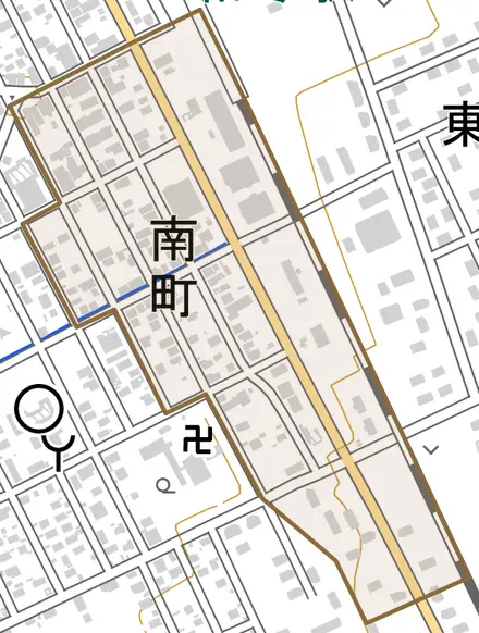 字南町とその周辺の地図。町の範囲を重ねている