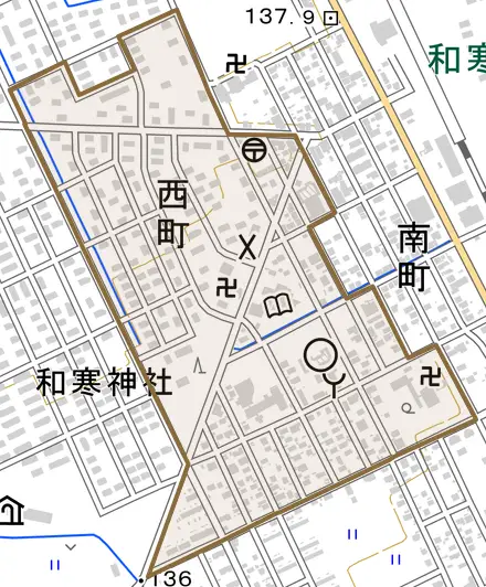 字西町とその周辺の地図。町の範囲を重ねている