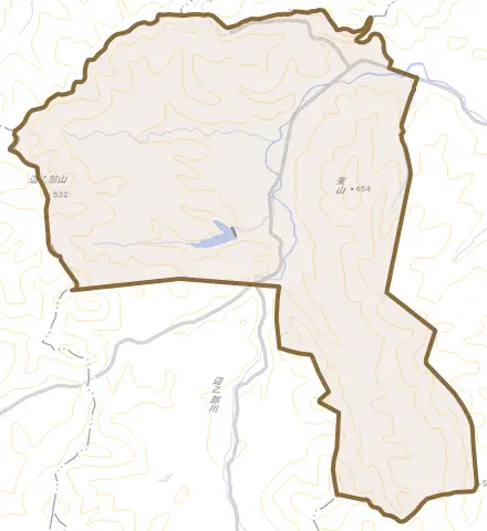 字西和とその周辺の地図。町の範囲を重ねている
