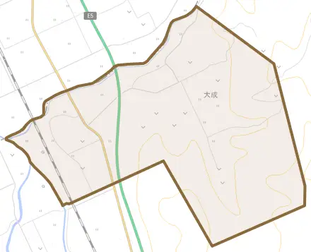 字大成とその周辺の地図。町の範囲を重ねている