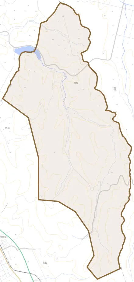 字東和とその周辺の地図。町の範囲を重ねている