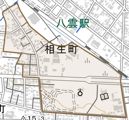 相生町とその周辺の地図。町の範囲を重ねている