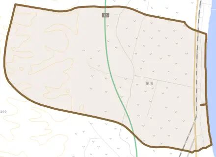 花浦とその周辺の地図。町の範囲を重ねている