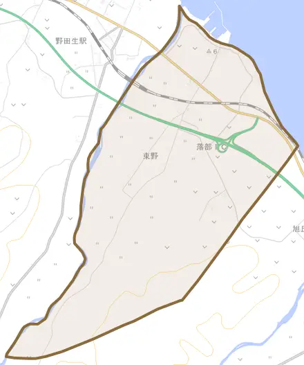 東野とその周辺の地図。町の範囲を重ねている