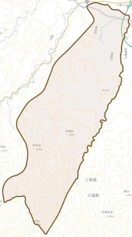 春日とその周辺の地図。町の範囲を重ねている
