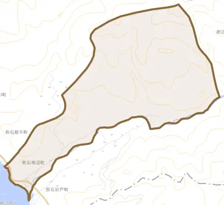 熊石相沼町とその周辺の地図。町の範囲を重ねている