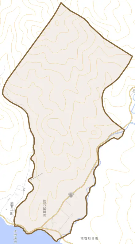 熊石鮎川町とその周辺の地図。町の範囲を重ねている
