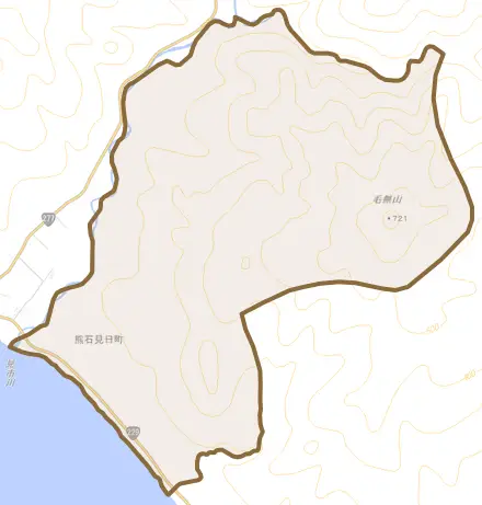 熊石見日町とその周辺の地図。町の範囲を重ねている
