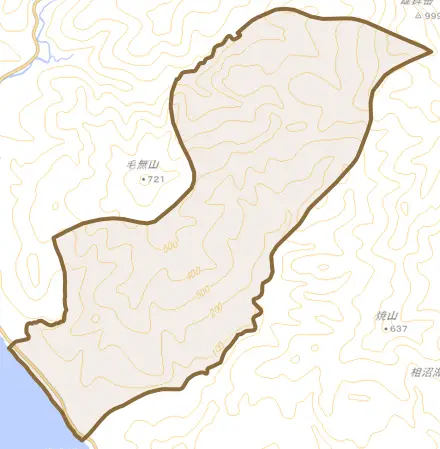 熊石黒岩町とその周辺の地図。町の範囲を重ねている