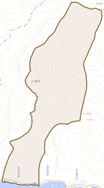 熊石西浜町とその周辺の地図。町の範囲を重ねている