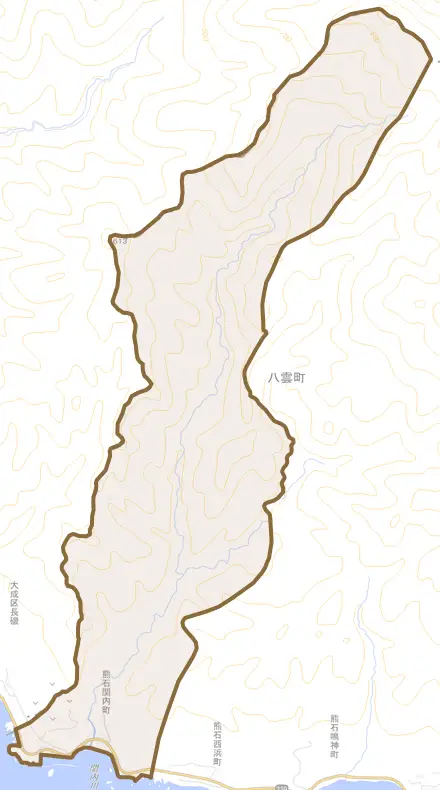熊石関内町とその周辺の地図。町の範囲を重ねている