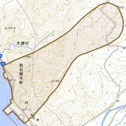 熊石館平町とその周辺の地図。町の範囲を重ねている