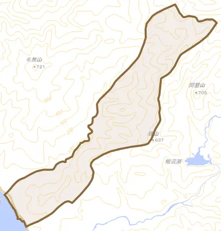 熊石泊川町とその周辺の地図。町の範囲を重ねている