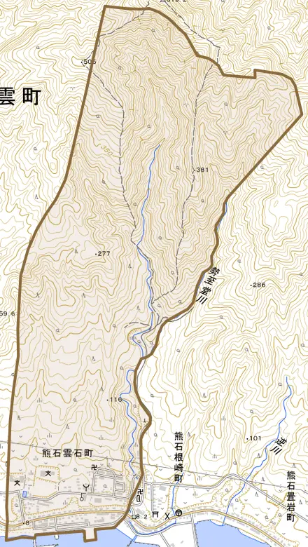 熊石雲石町とその周辺の地図。町の範囲を重ねている