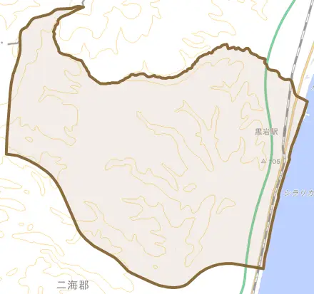 黒岩とその周辺の地図。町の範囲を重ねている