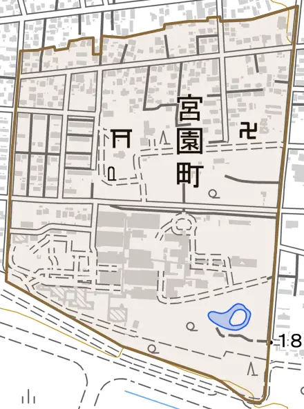 宮園町とその周辺の地図。町の範囲を重ねている
