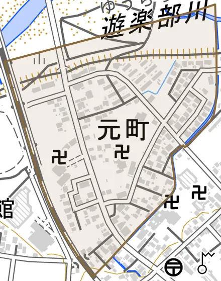 元町とその周辺の地図。町の範囲を重ねている