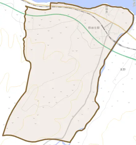 野田生とその周辺の地図。町の範囲を重ねている