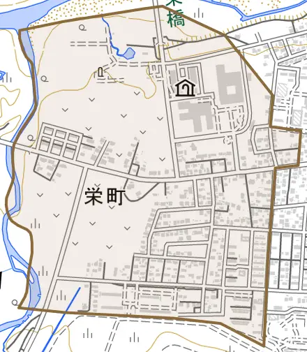 栄町とその周辺の地図。町の範囲を重ねている