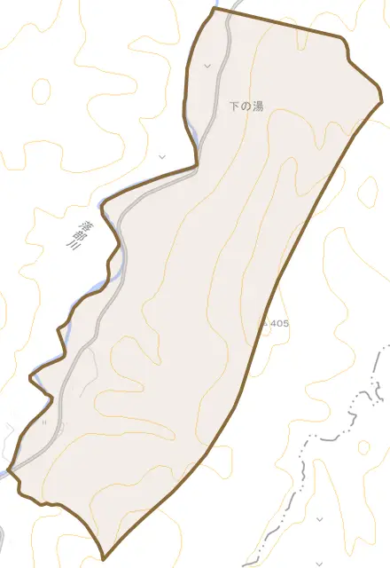 下の湯とその周辺の地図。町の範囲を重ねている