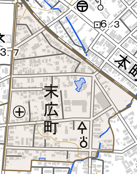 末広町とその周辺の地図。町の範囲を重ねている
