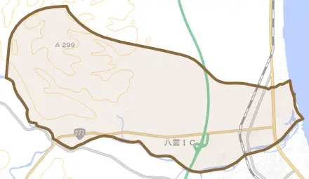立岩とその周辺の地図。町の範囲を重ねている