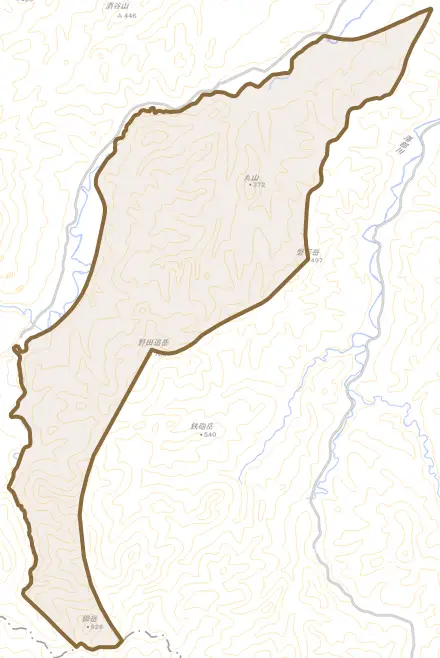 わらび野とその周辺の地図。町の範囲を重ねている