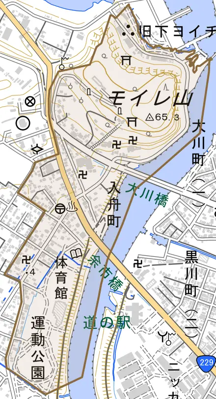 入舟町とその周辺の地図。町の範囲を重ねている