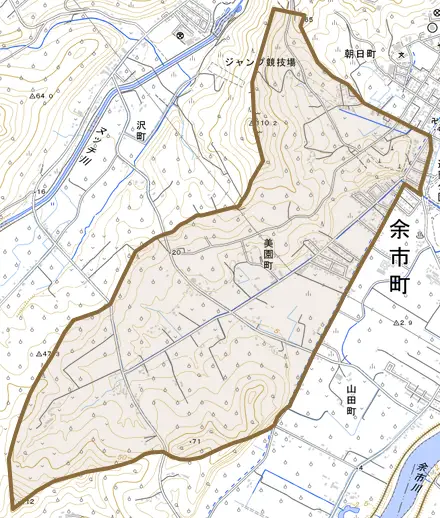 美園町とその周辺の地図。町の範囲を重ねている