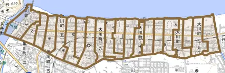 大川町とその周辺の地図。町の範囲を重ねている