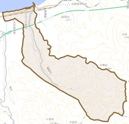 栄町とその周辺の地図。町の範囲を重ねている