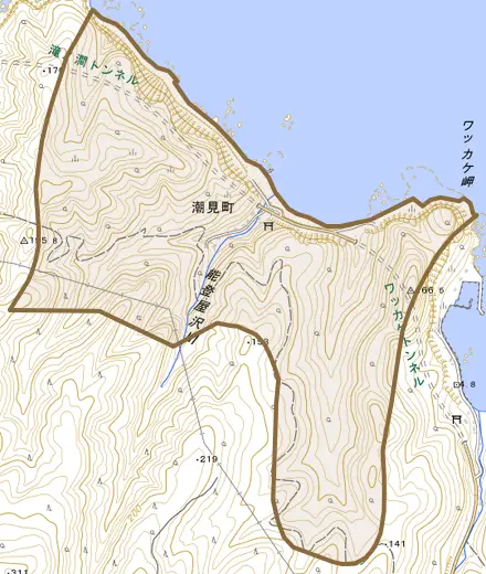 潮見町とその周辺の地図。町の範囲を重ねている