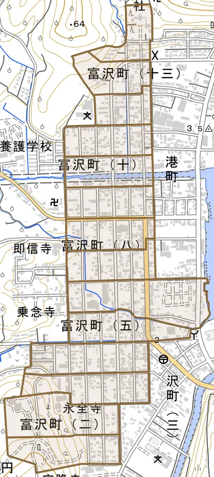 富沢町とその周辺の地図。町の範囲を重ねている
