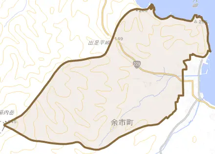 梅川町とその周辺の地図。町の範囲を重ねている
