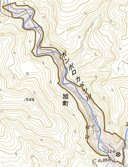 旭町とその周辺の地図。町の範囲を重ねている