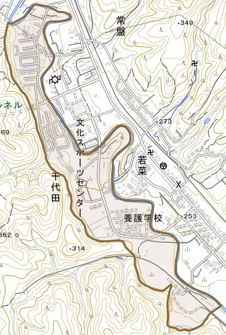 千代田とその周辺の地図。町の範囲を重ねている