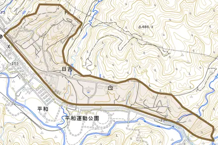 日吉とその周辺の地図。町の範囲を重ねている