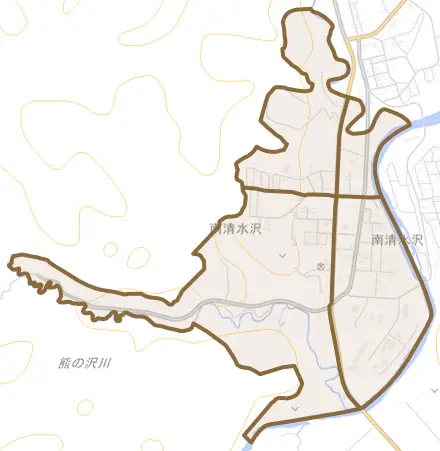 南清水沢とその周辺の地図。町の範囲を重ねている