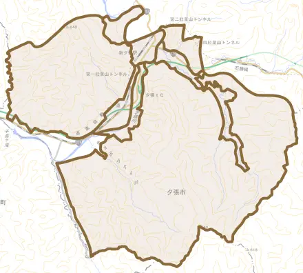 紅葉山とその周辺の地図。町の範囲を重ねている