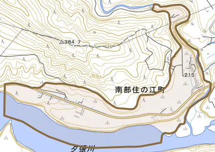 南部住の江町とその周辺の地図。町の範囲を重ねている